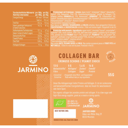 Barrita de Colageno Cacahuetes y Cacao BIO 12x55g Jarmino 3