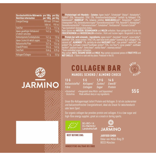Barrita de Colageno Almendra y Cacao BIO 12x55g Jarmino 3