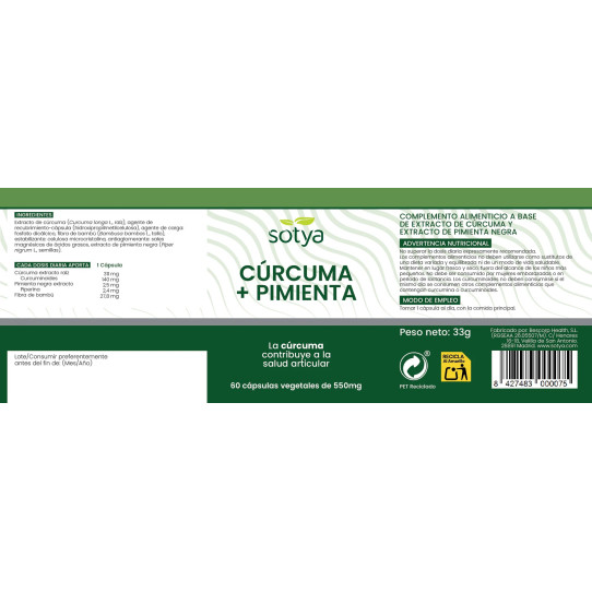 Curcuma + Pimienta 550mg 60 capsulas...