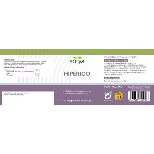 Hiperico 500mg 100 comprimidos Sotya