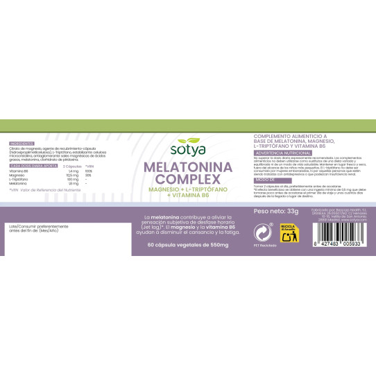 Melatonina Complex+Magnesio+L-Triptófano+Vitamina B6 550 mg 60 cápsulas Sotya