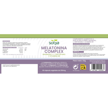 Melatonina Complex+Magnesio+L-Triptófano+Vitamina B6 550 mg 60 cápsulas Sotya