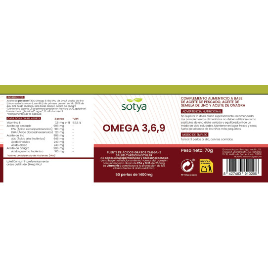 Omega 3, 6 y 9 1400mg 50 perlas Sotya