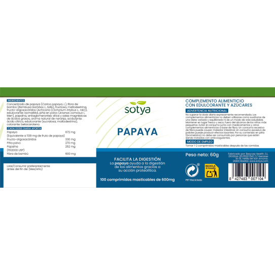 Papaya 600mg 100 comprimidos Sotya