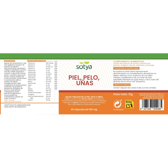 Piel, pelo y uñas 522 mg 60 cápsulas...
