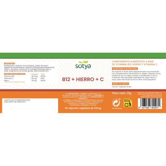 Vitamina B12+ hierro+ vit C 60 capsulas Sotya