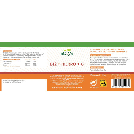 Vitamina B12+ hierro+ vit C 60 capsulas Sotya