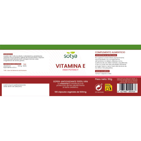 Vitamina E High Potency 500mg 100 capsulas Sotya