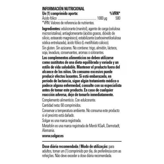 Folato (Metafolin) 1000mcg 60 comprimidos Solgar