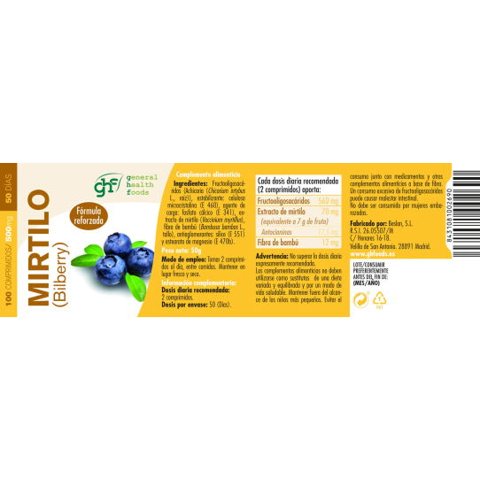 Mirtilo-arandano 500mg 100 comprimidos GHF