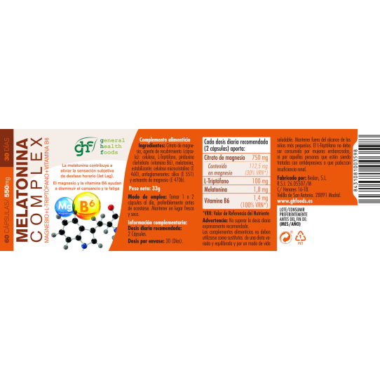 Melatonina Complex Magnesio+L-Triptofano+Vit. B6 550mg 60 caps GHF