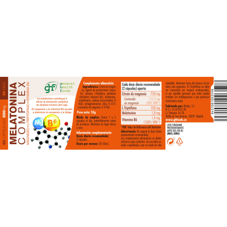 Melatonina Complex Magnesio+L-Triptofano+Vit. B6 550mg 60 caps GHF