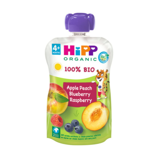 Pouches Melocoton, Manzana y Frutos del Bosque Bio 100g Hipp