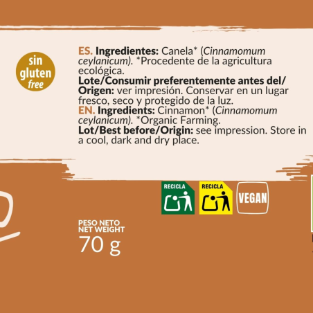 Canela Ceylan molida XL Bio 70g Especias Artemis